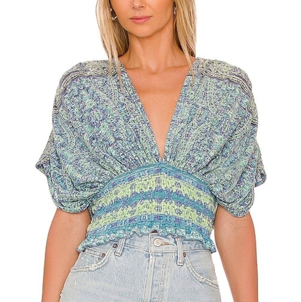 Free People Next Vacation Top Blue Green Knit V-Neck Smocked Waist Top
